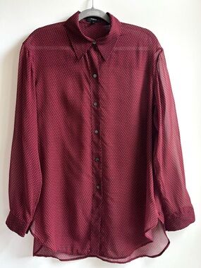 Theory Silk Weekender Dot Chiffon Longsleeve Top Blouse Burgundy Maroon Medium